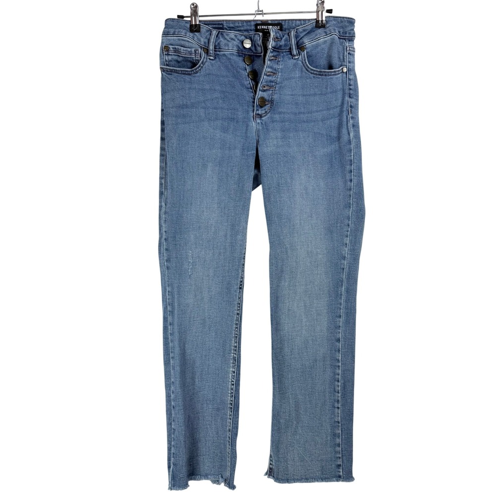 Kenneth Cole New York Womens High Rise Button Fly Raw Hem Straight Jeans Blue 4